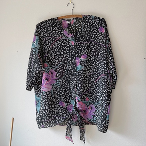 Vintage sheer shirt sleeve button up tie blouse floral 18